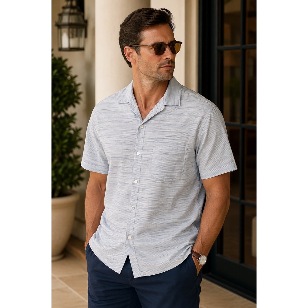 Express Mens XXL Blue Stripe Short Sleeve Button Up Camp Shirt Pocket Casual